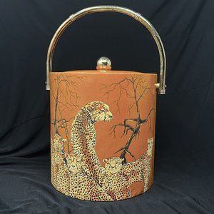 Cheetah Family Graphic Vintage Ice Bucket Gold Tone Hardware Tastesetter Sigma.